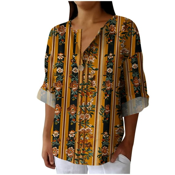 Abomasnow Boho Floral Linen Shirt for Women V Neck Long Sleeve Blouse Vintage Printed Casual Loose Fit Fall Tunic Tops