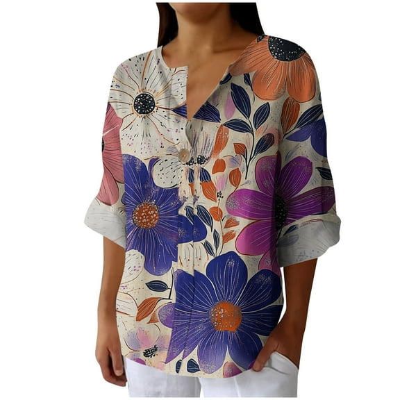 Abomasnow Boho Floral Linen Shirt for Women V Neck Long Sleeve Blouse Vintage Printed Casual Loose Fit Fall Tunic Tops