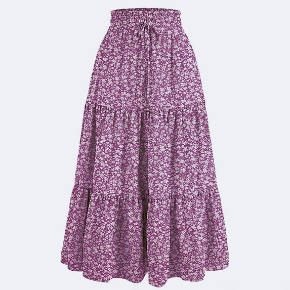 Abomasnow Boho Floral Maxi Skirt for Women Summer Comfy Tiered Elastic High Waisted Skirts Vacation A-Line Flowy Swing Long Skirts