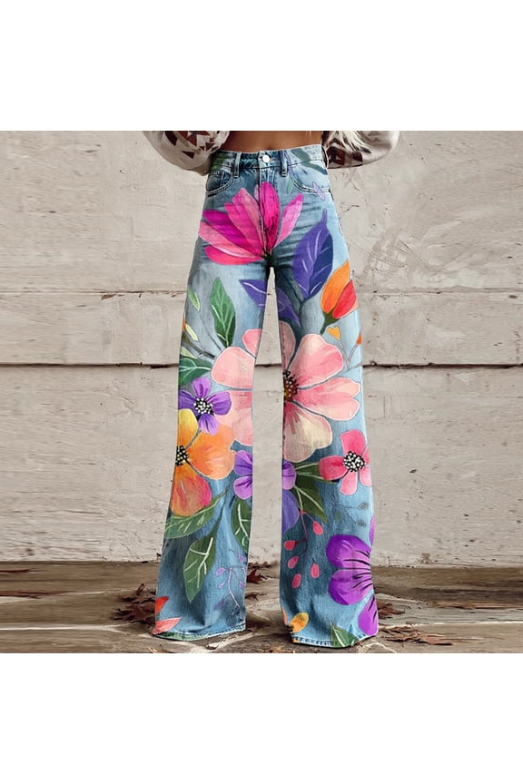 Boho Floral Printed Jeans for Women Plus Size Wide Leg Baggy Wesh Denim Jeans S-5XL