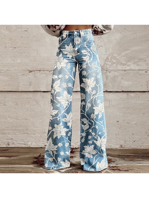 Boho Floral Printed Jeans for Women Plus Size Wide Leg Baggy Wesh Denim Jeans S-5XL