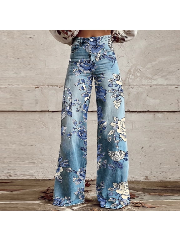 Boho Floral Printed Jeans for Women Plus Size Wide Leg Baggy Wesh Denim Jeans S-5XL