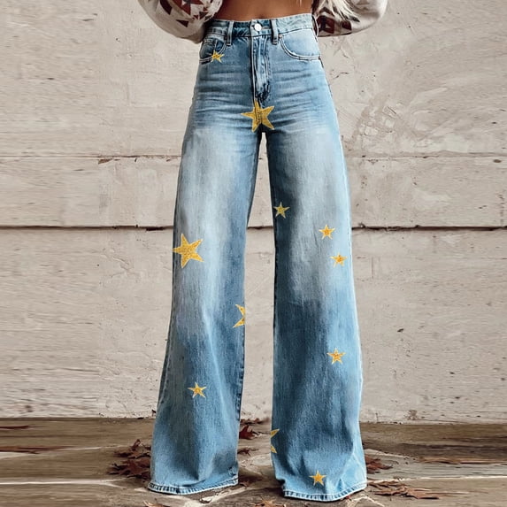Abomasnow Boho Floral Printed Jeans for Women Plus Size Wide Leg Baggy Wesh Denim Jeans S-5XL