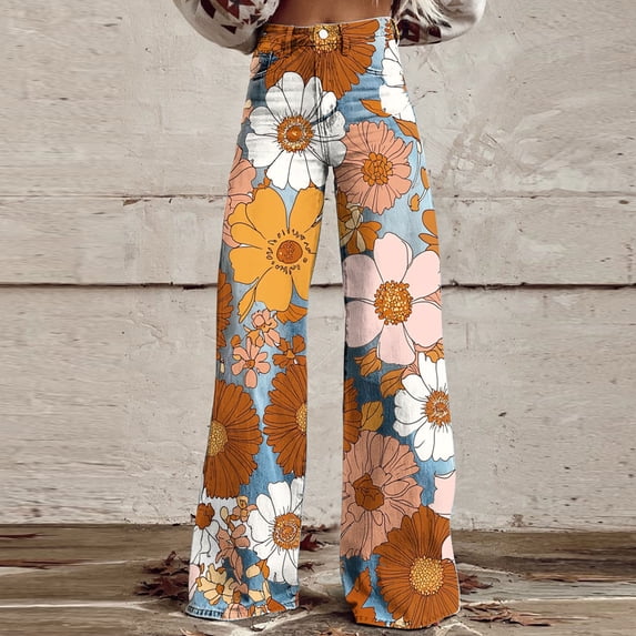 Abomasnow Boho Floral Printed Jeans for Women Plus Size Wide Leg Baggy Wesh Denim Jeans S-5XL