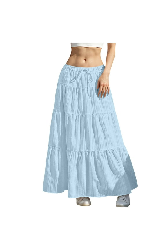 Boho Long Skirts for Women 2025 Summer Drawstring Elastic Waist Tiered Layer Maxi Skirts A Line Ruffle Hem Flowy Skorts