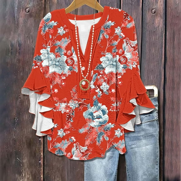 Abomasnow Boho Tops for Women Dressy Casual Floral Print Ruffle 3/4 Sleeve Shirts Lightweight Button Down V Neck Blouses Summer Spring Tops 2025