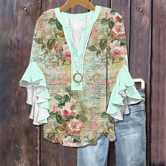 Abomasnow Boho Tops for Women Dressy Casual Floral Print Ruffle 3/4 Sleeve Shirts Lightweight Button Down V Neck Blouses Summer Spring Tops 2025