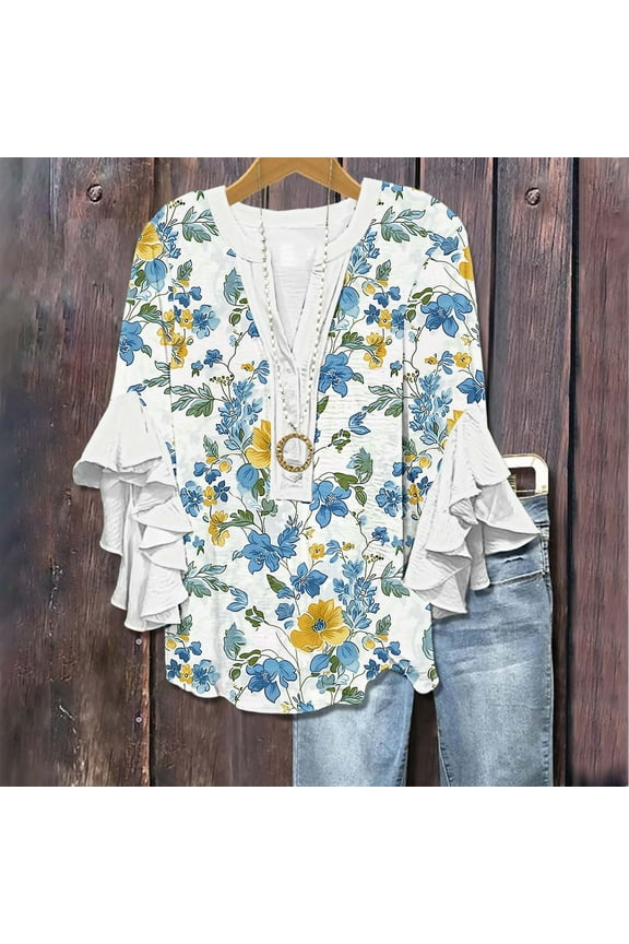 Boho Tops for Women Dressy Casual Floral Print Ruffle 3/4 Sleeve Shirts Lightweight Button Down V Neck Blouses Summer Spring Tops 2025