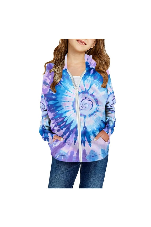Boy Girls Zip Up Hoodies Little Kid Big Kid Tie Dye Printed Cotton Zipper Sweatshirts Hooded for 2-14 Years