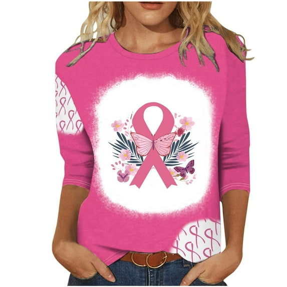 Abomasnow Breast Cancer Awareness Month Shirts 3/4 Sleeve Leopard Rainbow Sunflower Printed Inspirational Tees Plus Size Casual Fall Blouse Tops