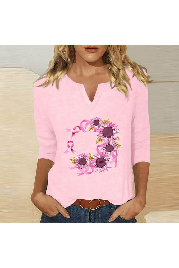 Breast Cancer Shirts for Women Cute Pink Ribbon Graphic Tops 3/4 Sleeve Notch V-Neck Blouse 2024 Trendy Breast Cancer Awareness Pullover Tops