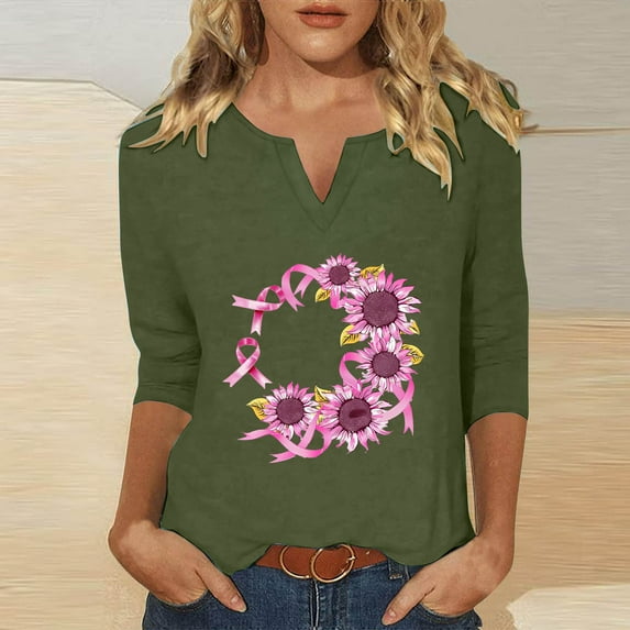 Abomasnow Breast Cancer Shirts for Women Cute Pink Ribbon Graphic Tops 3/4 Sleeve Notch V-Neck Blouse 2024 Trendy Breast Cancer Awareness Pullover Tops