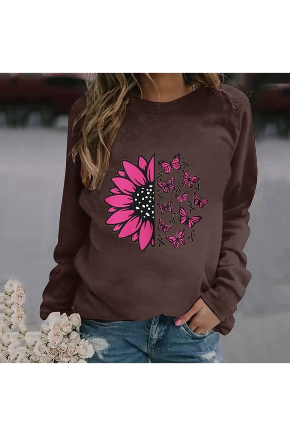 Breast Cancer Shirts for Women Trendy Fall Crewneck Long Sleeve Sweatshirt for Breast Cancer Gifts Casual Floral Pink Ribbon Breast Cancer Awareness T-Shirts