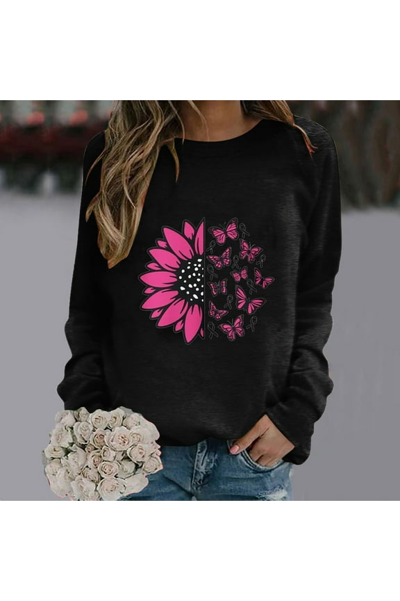 Breast Cancer Shirts for Women Trendy Fall Crewneck Long Sleeve Sweatshirt for Breast Cancer Gifts Casual Floral Pink Ribbon Breast Cancer Awareness T-Shirts