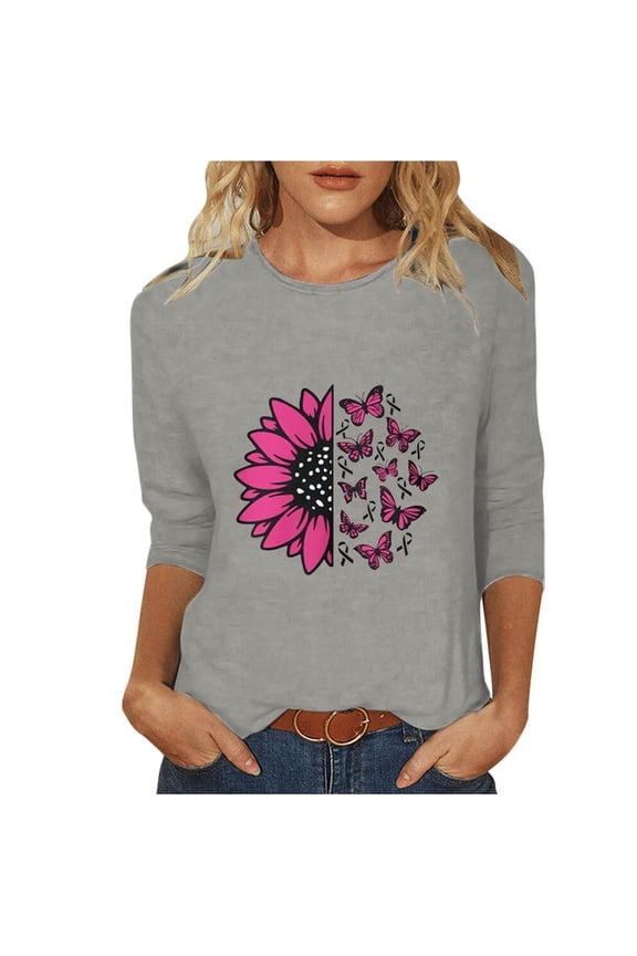 Breast Cancer Shirts for Women Breast Cancer Survivor Fighter Tees Casual Pink Ribbon Graphics 3/4 Sleeve Pullover Tops