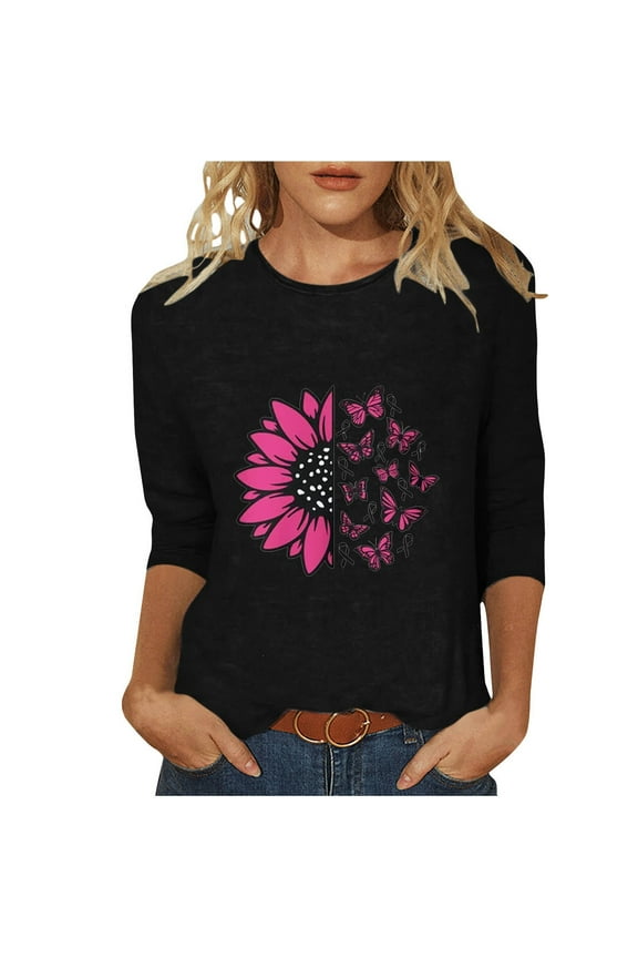 Breast Cancer Shirts for Women Breast Cancer Survivor Fighter Tees Casual Pink Ribbon Graphics 3/4 Sleeve Pullover Tops