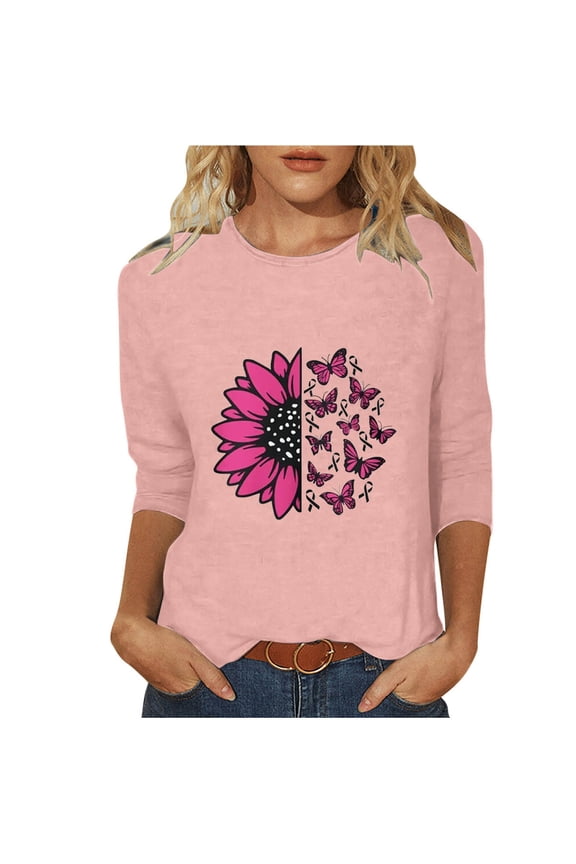 Breast Cancer Shirts for Women Breast Cancer Survivor Fighter Tees Casual Pink Ribbon Graphics 3/4 Sleeve Pullover Tops