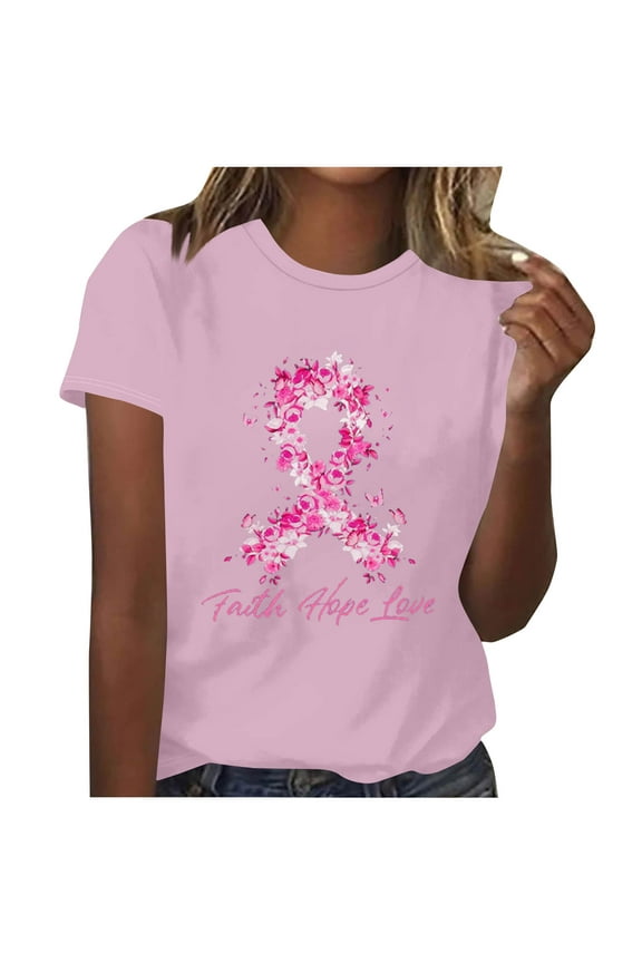 Breast Cancer Shirts for Women Casual Floral Pink Ribbon Graphics Long Sleeve T-Shirt Crew Neck Breast Cancer Awareness Pullover Tops