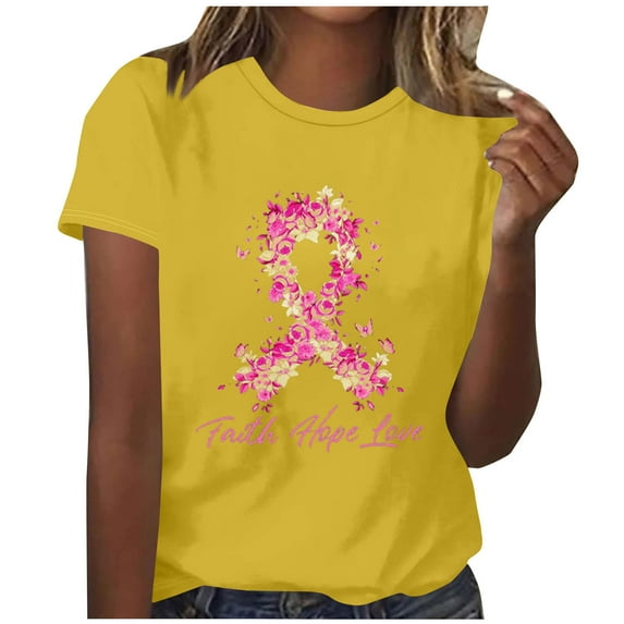Abomasnow Breast Cancer Shirts for Women Casual Floral Pink Ribbon Graphics Long Sleeve T-Shirt Crew Neck Breast Cancer Awareness Pullover Tops