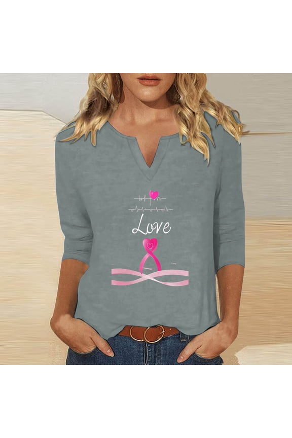 Breast Cancer Shirts for Women Heart Pink Ribbon Tshirt Cancer Awareness Tee Tops Casual 3/4 Sleeve V-Neck Pullover Tops