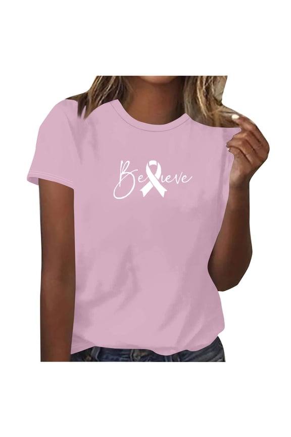 Breast Cancer Shirts for Women Pink Ribbon Graphic Tee Cure Breast Cancer Awareness Tshirt Inspirational Short Sleeve Tops