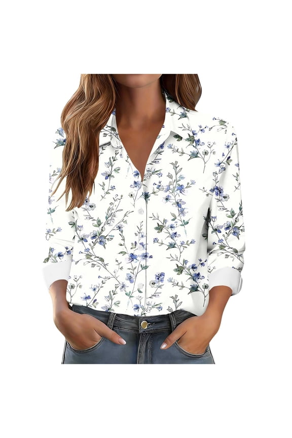 Button Down Shirts for Women Dressy Casual Floral Printed Long Sleeve Blouse Business Work Tops S-2XL