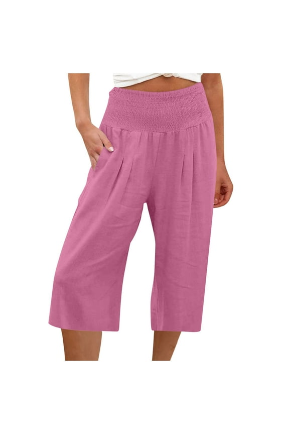Capri Pants for Women 2025, High Waisted Wide Leg Yoga Linen Cropped Pants Pull On Elastic Smock Waist Casual Loose Lounge Flowy Pants