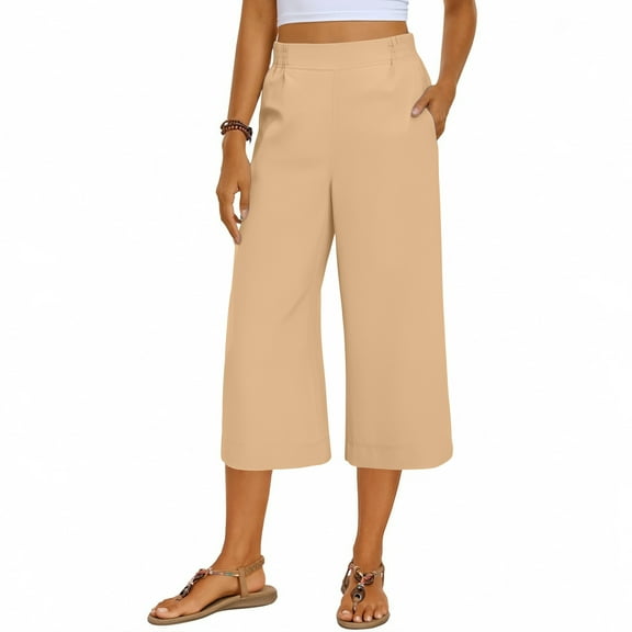 Abomasnow Capri Pants for Women Dressy Casual Elastic High Waisted Wide Leg Palazzo Business Lounge Trousers with Pockets