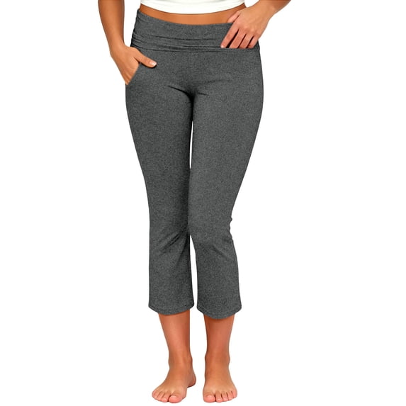 Abomasnow Capri Pants for Women High Waist Fold Over Waist Yoga Leggings Straight Leg Athletic Cropped Pants with Pockets