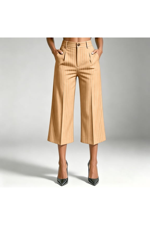 Capri Pants for Women High Waisted Stripe Office Work Slacks Straight Leg Pleated Business Suit Trousers
