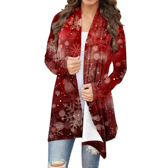 Abomasnow Christmas Cardigan Coats for Women Xmas Tree Snowflake Knitting Open Front Shirts Holiday Long Sleeve Top
