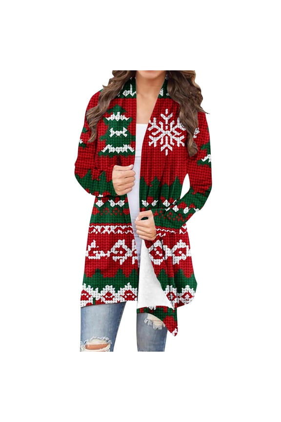 Christmas Cardigan Sweaters for Women Long Sleeve Xmas Tree Print Knitting Open Front Pullover Sweaters S-5XL
