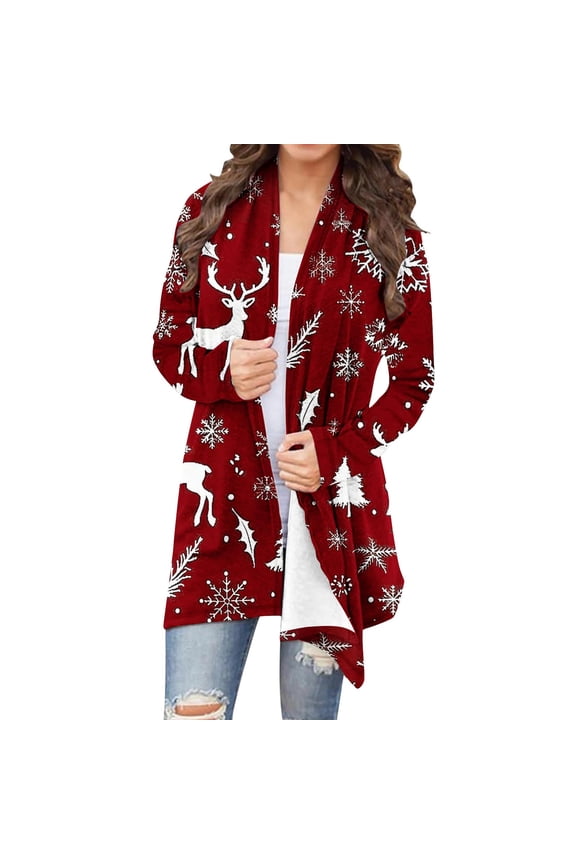 Christmas Cardigan Sweaters for Women Long Sleeve Xmas Tree Print Knitting Open Front Pullover Sweaters S-5XL