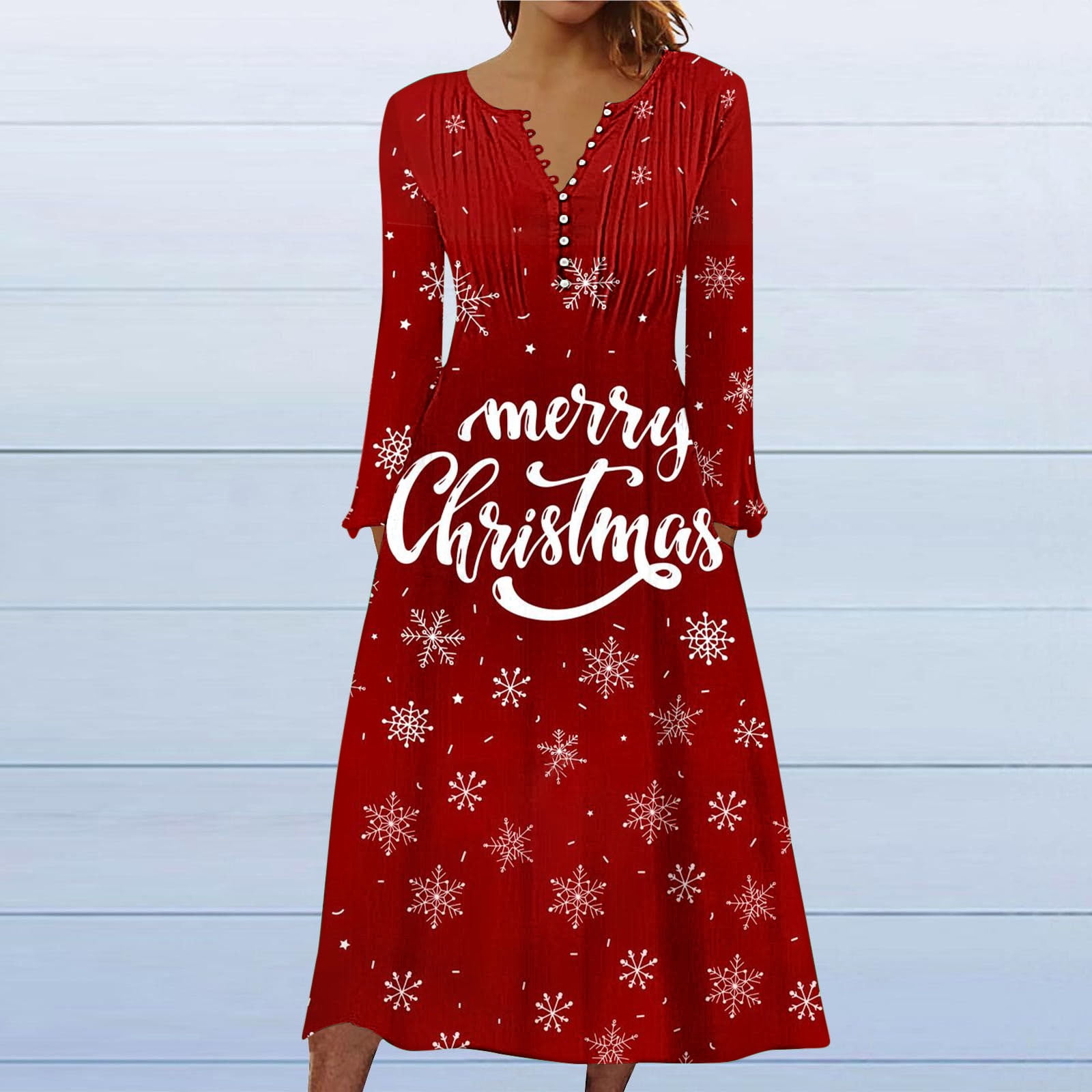 Abomasnow Christmas Dresses for Women Christmas Printed Long Sleeve V