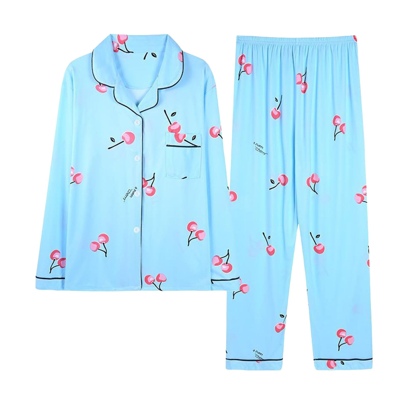 BGNHJ Damen Lang Pyjama Set,Baumwolle Damen Pyjama Set Revers Grau Strickjacke Langarm Top Und Unterteile Nachtwäsche Mit Tasche Loungewear Langer Pyjama Für Damen,XL