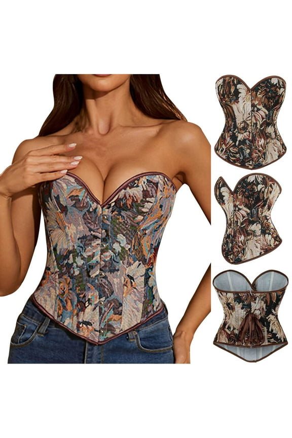 Corset Tops for Women Vintage Floral Print Strapless Denim Bustier Shapewear Tops Trendy Lace-Up Back Push Up Bodyshaper Tops