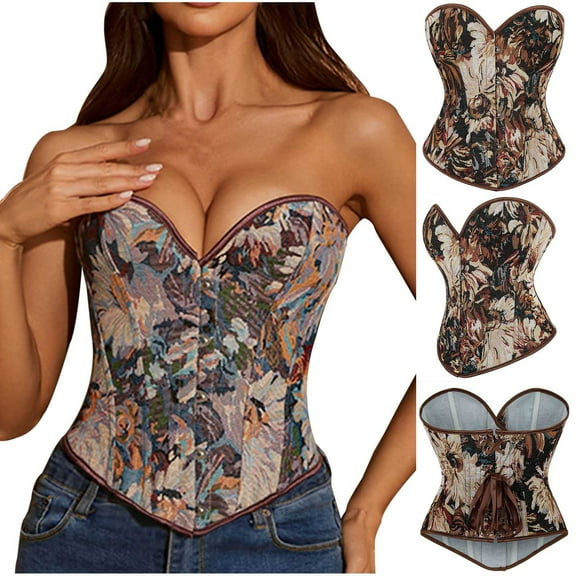 Abomasnow Corset Tops for Women Vintage Floral Print Strapless Denim Bustier Shapewear Tops Trendy Lace-Up Back Push Up Bodyshaper Tops
