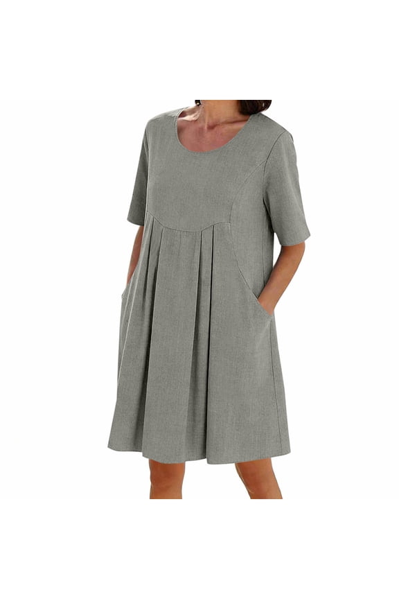 Abomasnow Cotton Linen Dress for Women Crewneck Short Sleeve Flowy Midi Dress Summer Beach Vacation Clothes with Pockets