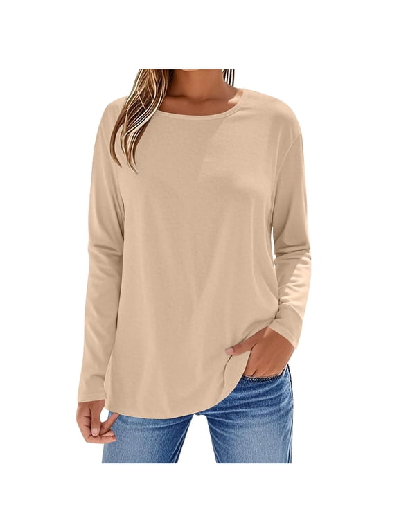 Cotton Long Sleeve Workout Shirts for Women Loose Fit Crewneck Athletic Yoga T-Shirts Fall Tops