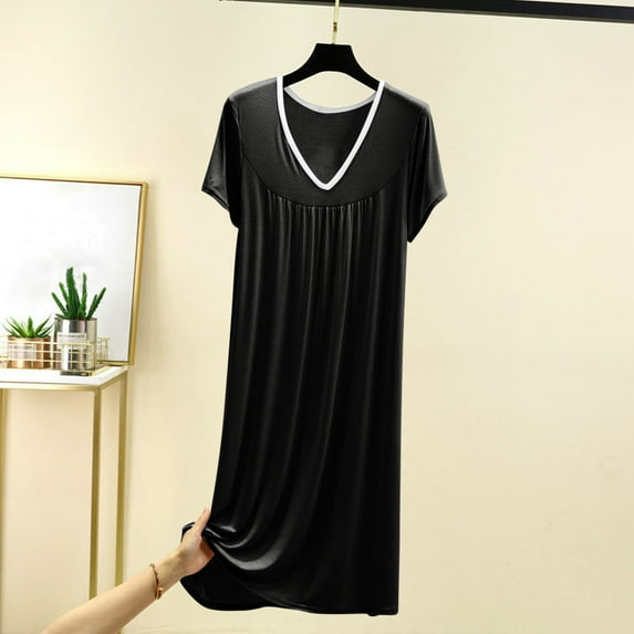 Abomasnow Cotton Nightgowns for Women Short Sleeve V Neck Maternity Sleepwear Loose Fit Solid Pleat Pajama Dress M-XXL