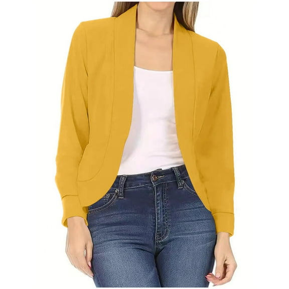 Abomasnow Cropped Blazer for Women 3/4 Ruched Sleeve Collarless Open Front Casual Work Office Cardigan Suit Jacket