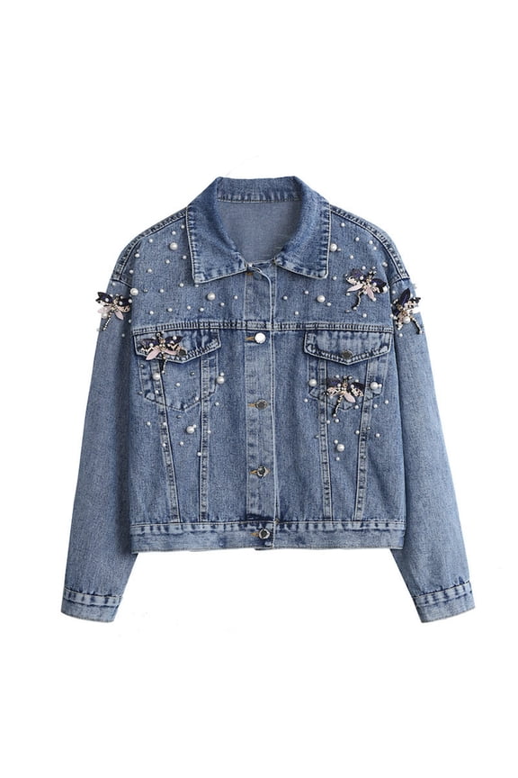 Cropped Denim Jacket for Women Long Sleeve Pearls Beading Short Jean Jackets Button Down Lapel Jean Coats