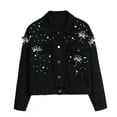 thumbnail image 1 of Abomasnow Cropped Denim Jacket for Women Long Sleeve Pearls Beading Short Jean Jackets Button Down Lapel Jean Coats, 1 of 5