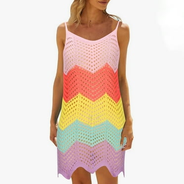 Abomasnow Deals of The Day Clearance Bathing Suit Cover Up for Women, Hollow Out Spaghetti Strap Beach Crochet Sundress Color Block Bikini Coverup Swimwear