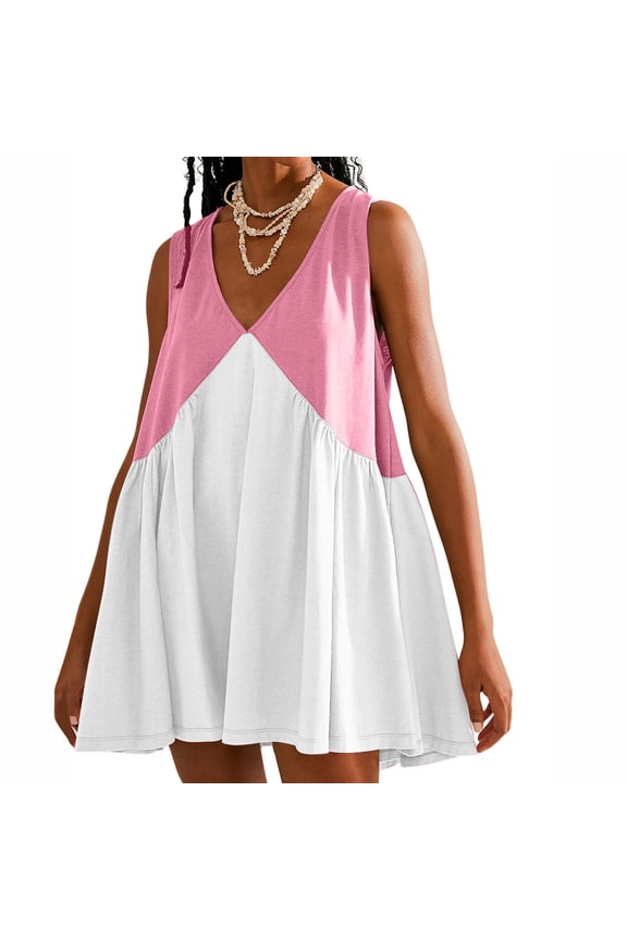 Women's Summer Sleeveless Mini Dress Casual V Neck Color Block Tank Babydoll Short Sundresses for Beach Vacation Party 2025