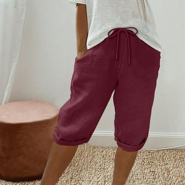 Abomasnow Deals of The Day Clearance Linen Shorts for Women Summer Drawstring High Waisted Long Shorts Lightweight Cotton Workout Shorts with Pockets