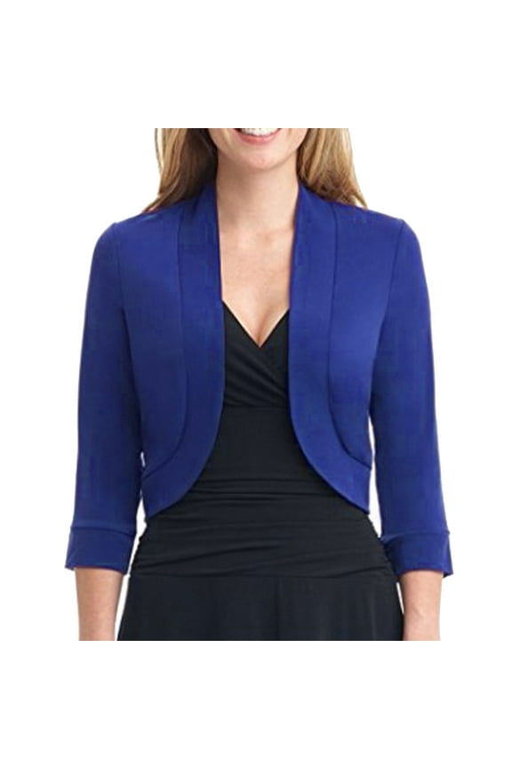 Cxenplz Women's Cropped Blazer Casual Business 3/4 Sleeve Collarless Open Front Cardigan Work Office Dressy Jackets