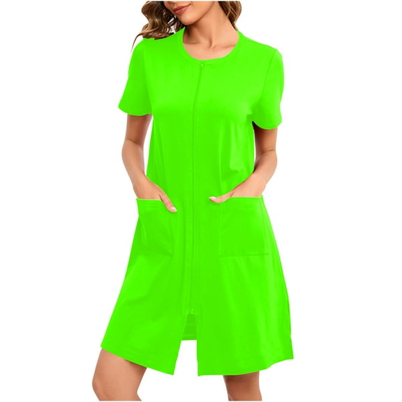 Cxenplz Women's Zipper Up Robe Short Sleeves Nightgown Zip Front Cotton Housecoat Soft Short Bathrobe with Pockets