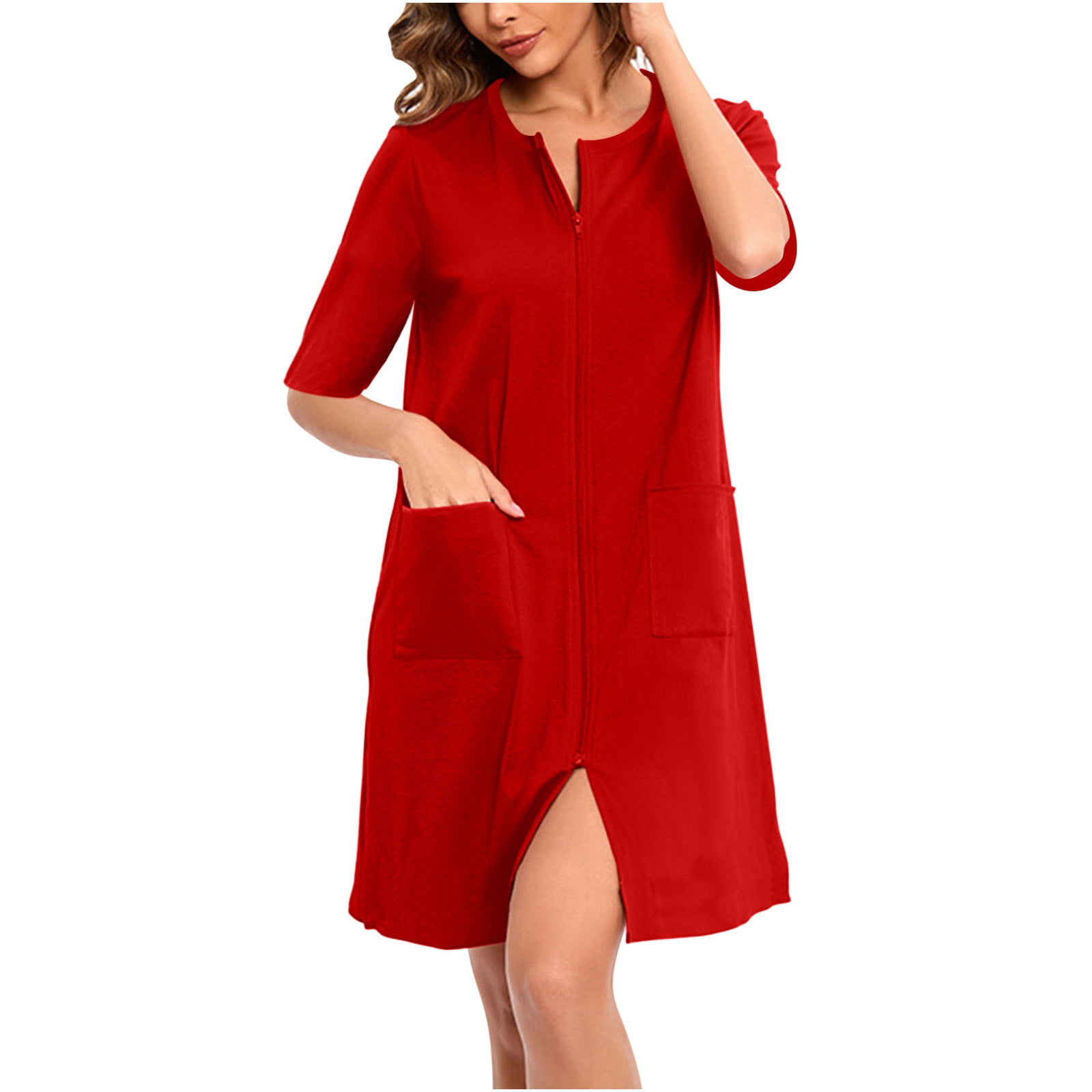 short zip up dressing gown Cxenplz Women's Zipper Up Robe Short Sleeves Nightgown Zip Front Cotton Housecoat Soft Short Bathrobe with Pockets, Size: Large, Black