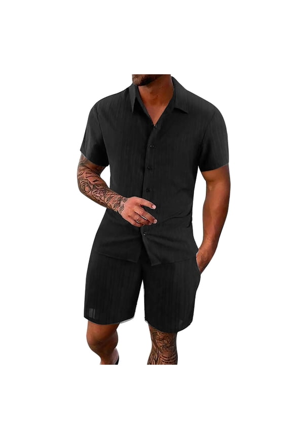 Men's Cotton Linen Sets Short Sleeve Pleats Suits Casual Lightweight 2 Piece Button Down Shirt and Shorts Beach Outfits